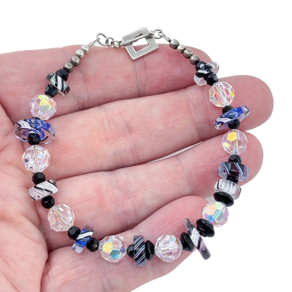 Vintage Sterling Silver 925 Iridescent Glass Bead Bracelet 8"